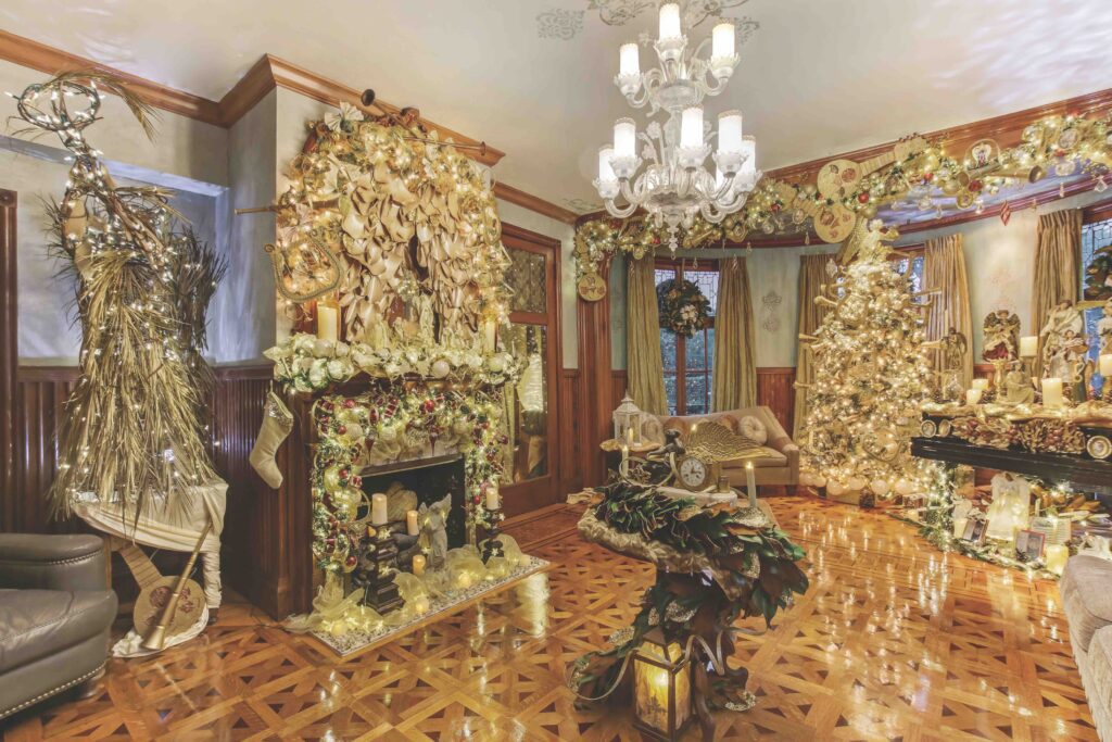 The Christmas tree in the parlor is illuminated by electrical outlets installed by Thomas Edison. The current owners who live in this home still continue the old holiday tradition started by Stetson and Edison: lighting up the Christmas tree in the parlor with the same electric outlet Edison installed for that very first string of tree lights