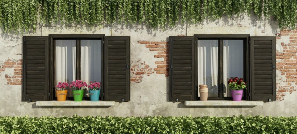 Old facade with windows and flowers