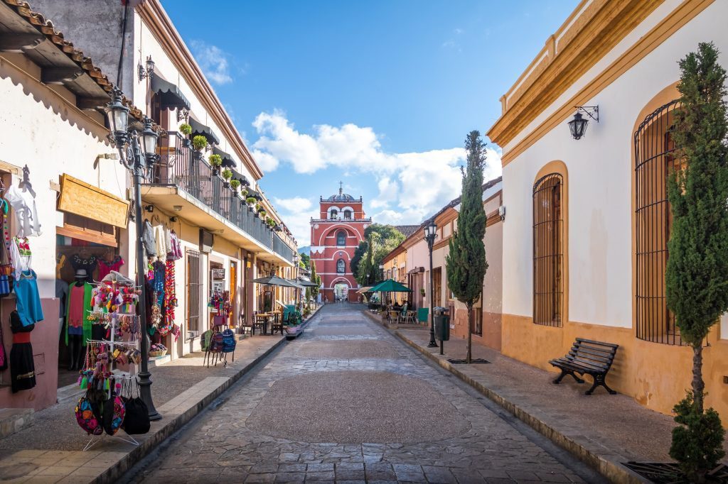 Pedestrian street and Del Carmen Arch Tower - San Cristobal de las Casas, Chiapas, Mexico