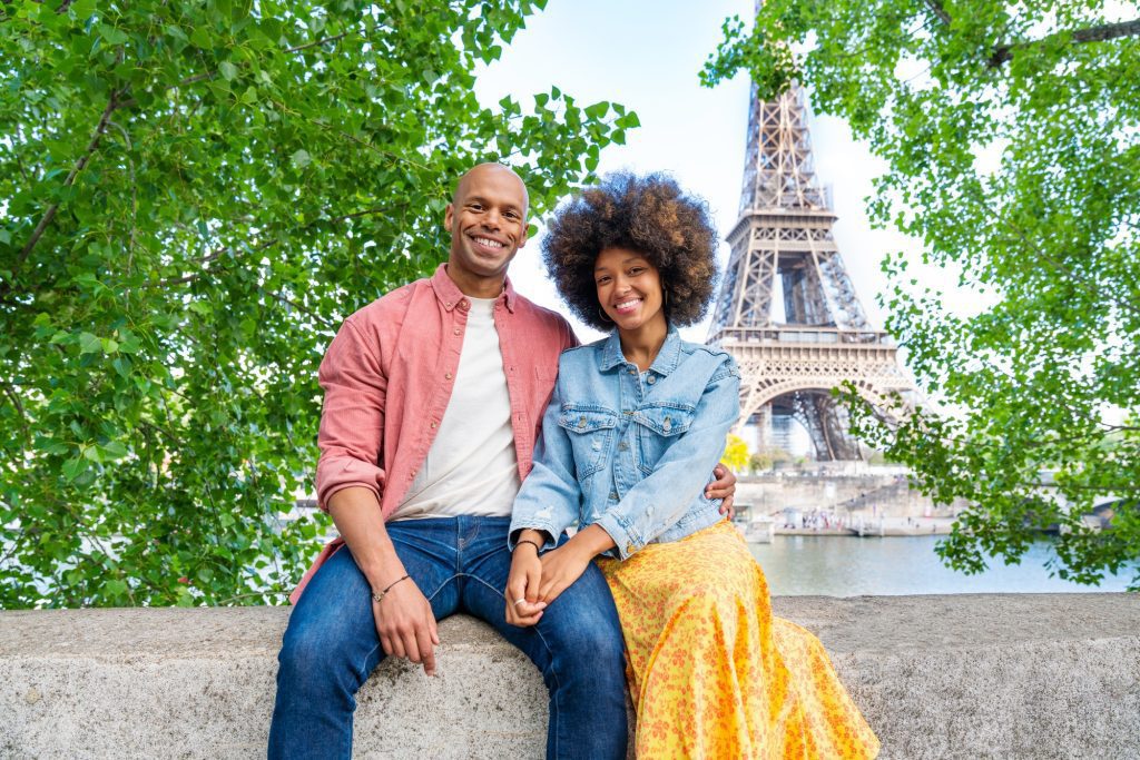 Afro-american beautiful couple in love visiting Paris