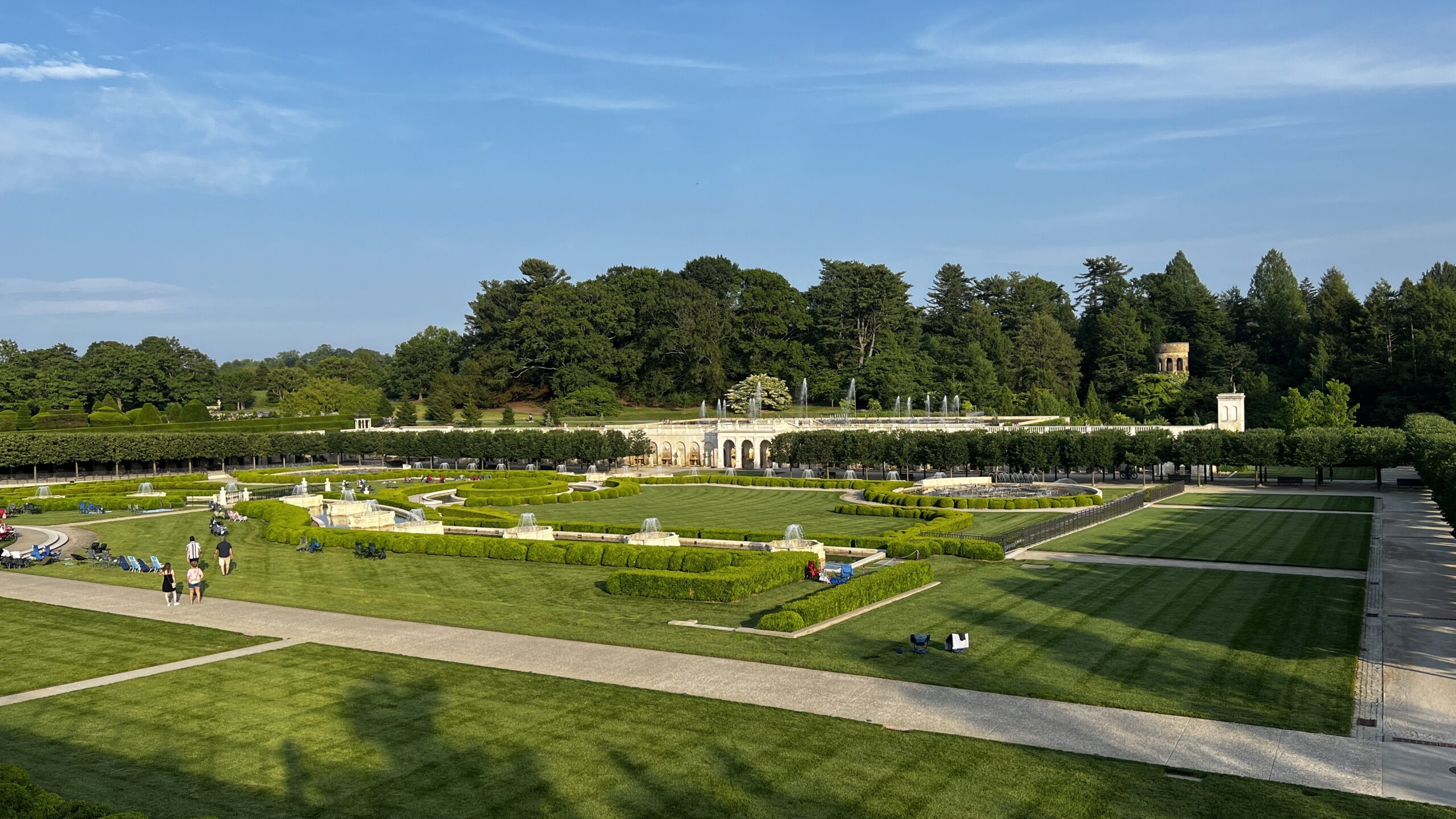 Wide-angle view of the Main Fountain Garden at Longwood with trimmed hedges, pathways, and fountains