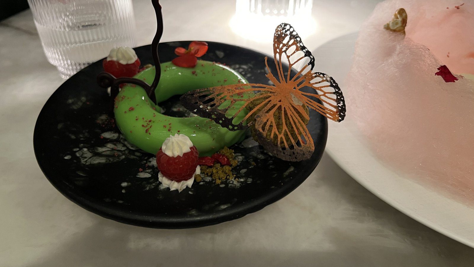 Artistic green mousse dessert topped with an edible chocolate butterfly and fresh raspberries at Le Jardinier in Houston.