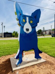 George Rodrigue Blue Dog sculpture on historic Route 66 in Edmond, Oklahoma during the Route 66 Centennial