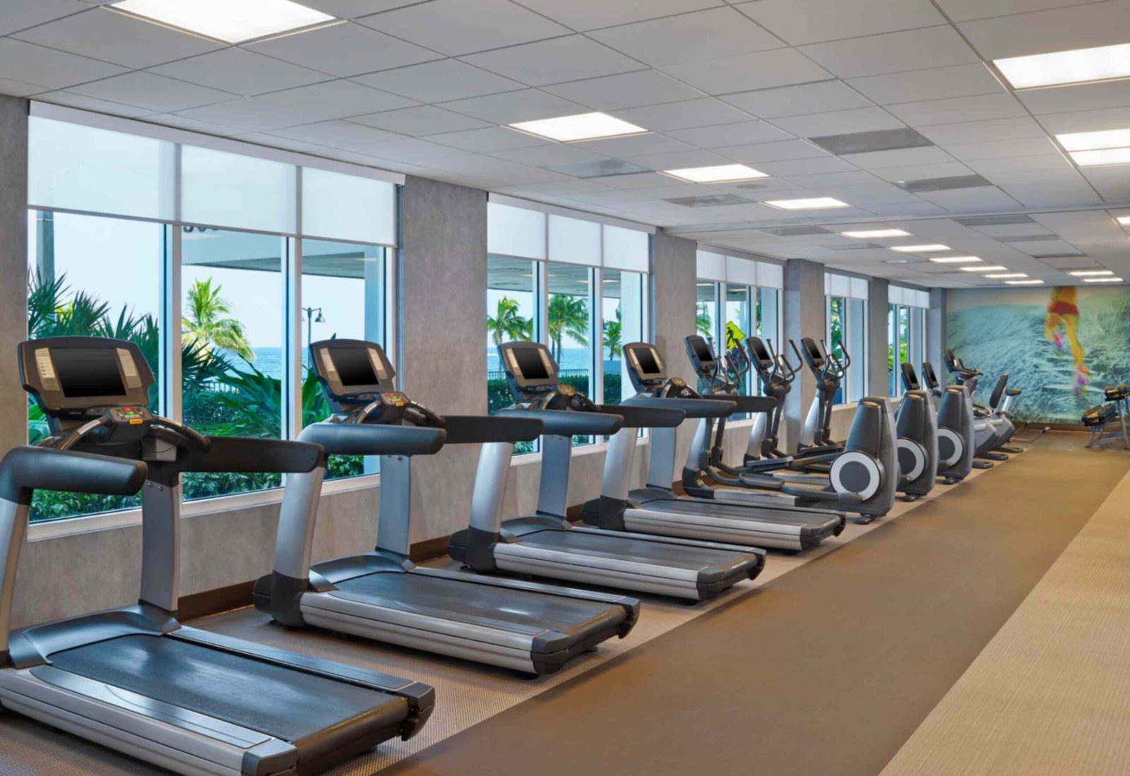 A brightly lit hotel fitness center with rows of modern cardio equipment facing large windows. Several treadmills, elliptical trainers, and stationary bikes are arranged along a brown floor runner, offering a view of palm trees and the ocean outside.